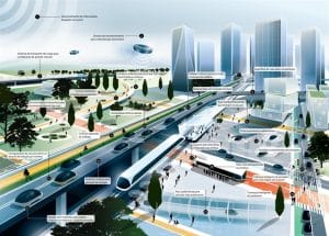 Rodovias do futuro: as ciclovias e as calçadas convivem com rodovias solares e carros autônomos. Imagem: ARUP.