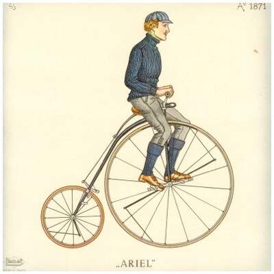 Em 1870, o ingles James Starley, inventou a “Huchard“ (roda alta0 Ariel. Imagem: Reprodução.