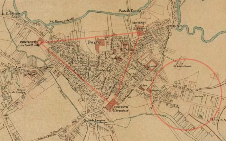 “Mapa da Cidade de São Paulo e seus Subúrbios”, elaborado no século 19/ Note o “Triângulo Histórico”, em vermelho, e o círculo ao redor da região da Liberdade.