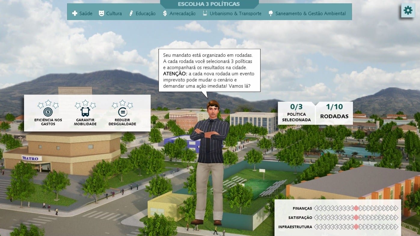 “Cidade em Jogo”: online e gratuito, o jogo simula o processo de tomada de decisões dos prefeitos na escolha de políticas públicas. Imagem / Reprodução. 
