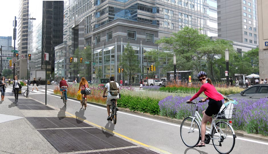 As ruas devem ser pensadas sob a perspectiva de serem percorridas por transporte público, veículos, bicicletas e a pé. Imagem: Bryan Hanes and Parsons Brinkerhoff.