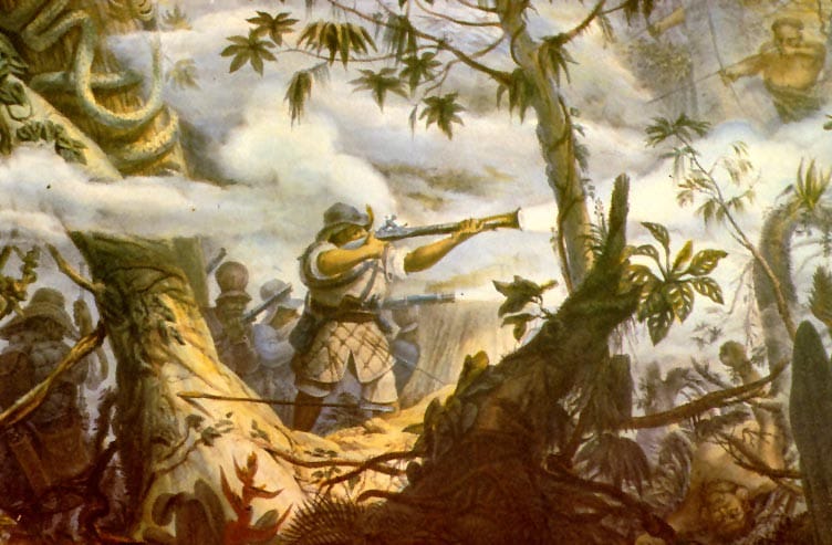 Pintura retrata um grupo de bandeirantes lutando na mata. Pintura de Jean Baptiste Debret / Biblioteca Municipal Mário de Andrade.