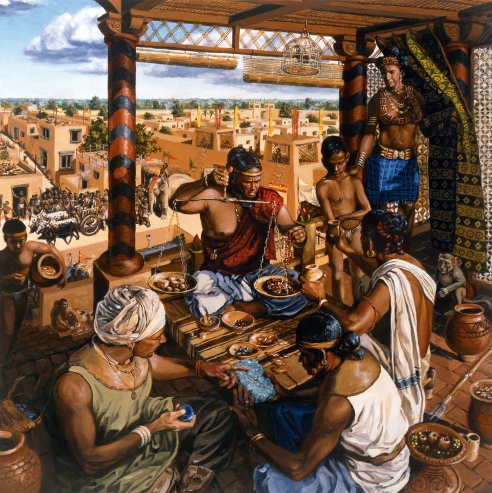 Comerciantes em Harappa, reconstituição artística (National Geographic).  