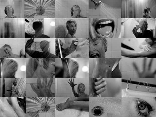 Sequência para a montagem da cena do banho com Janet Leigh no filme "Psycho" ("Psicose", 1961). Imagem: Universal Pictures.