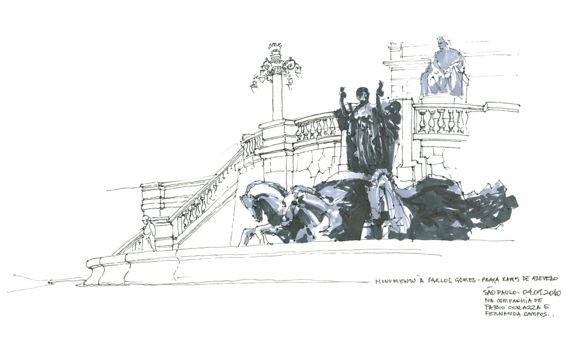 A Praça Ramos de Azevedo em ilustração de Eduardo Bajzek. Imagem: acervo do autor.