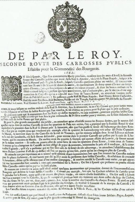 Decreto de Luís 14 autorizando o transporte coletivo em Paris - reprodução do livro 'Conduzindo o Progresso'.