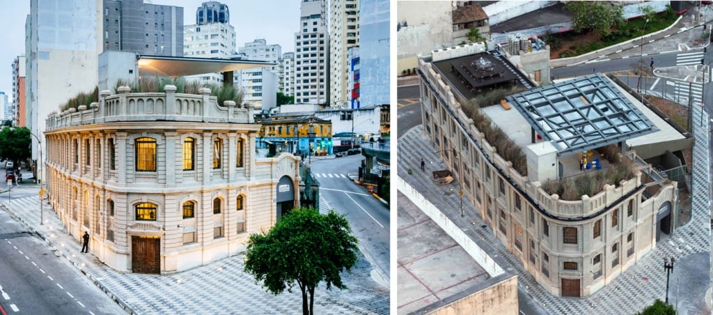  Uma marquise do topo do prédio foi instalada para captação de água destinada a um belíssimo chafariz. Foto: Triptyque / Divulgação.