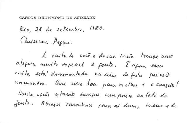 Fac símile de carta de Carlos Drummond de Andrade de 1980. Imagem: Divulgação / AA.