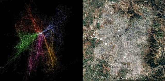 Santiago de acordo com as comunidades em contraste com a sua visão de satélite. Imagem: © Teodoro Dannemann, Boris Sotomayor-Gómez e Horacio Samaniego + DigitalGlobe.