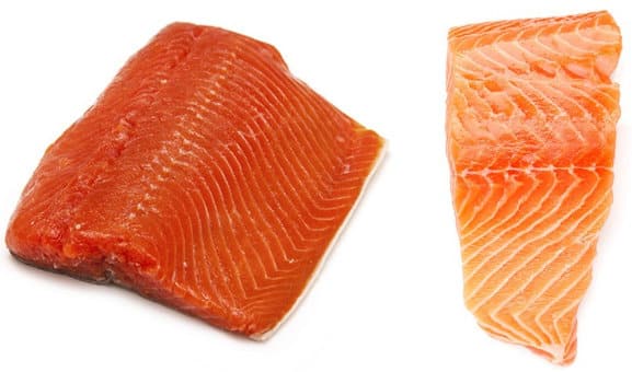 As propriedades do salmão selvagem (esquerda) – pescado de maneira natural - são diferentes do salmão cultivado em cativeiro. Imagem: Reprodução.