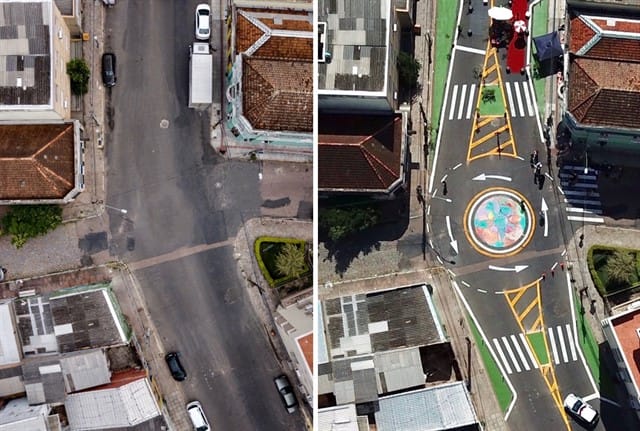 O cruzamento da Rua João Alfredo, em Porto Alegre, Brasil, antes e depois de uma intervenção de Ruas Completa. Foto: WRI Brasil.