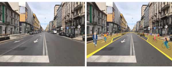  Planos para o Corso Buenos Aires, antes e depois do projeto 'Strade Aperte'. Imagem: PR.