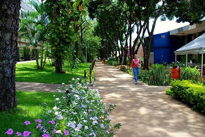 Moradora caminha através de jardins de superquadra. Foto: Metrópole.