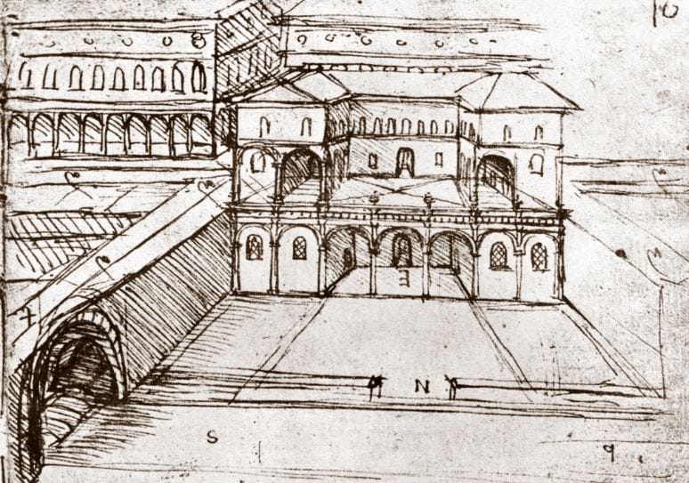 Da Vinci esboçou cidade ideal com canais dedicados a navegação e saneamento. Imagem: Wikicommons.
