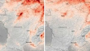 Imagens do satélite Sentinel-5P do programa Copernicus mostram claramente uma queda na concentração de dióxido de nitrogênio na França, Itália e Espanha ao longo de março. Imagem: Reprodução.