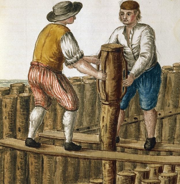 Colocação de cimento sob a fundação de madeira em Veneza, na ilustração de Jan van Grevenbroeck (1731-1807). Imagem: Getty Images.