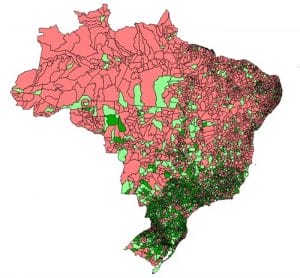 O Islu nos municípios. Melhores índices em verde escuro: 0,744 a 0,661; índices medianos em verde claro: de 0,660 a 0,573; índices baixos (abaixo de 0,573) e cidades sem dados no Snis em vermelho.