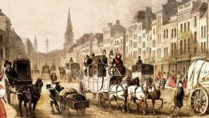 Ilustração do final do século XIX mostra trânsito de carruagens em rua de Londres. Imagem: Public Domain Smithsonian.