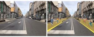 Planos para o Corso Buenos Aires em Milão, antes e depois do projeto 'Strade Aperte'. Ilustração: PR.