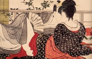 “Amantes no quarto do andar de cima de uma casa de chá”, Kitagawa Utamaro (xilogravura, final do séc. XVIII)