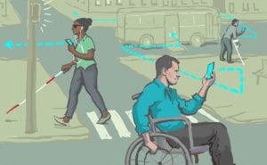 Aplicativos com tecnologias assistivas estão sendo desenvolvidos com o objetivo de quebrar barreiras que impossibilitam a interação social. Ilustração: Doug Thompson.