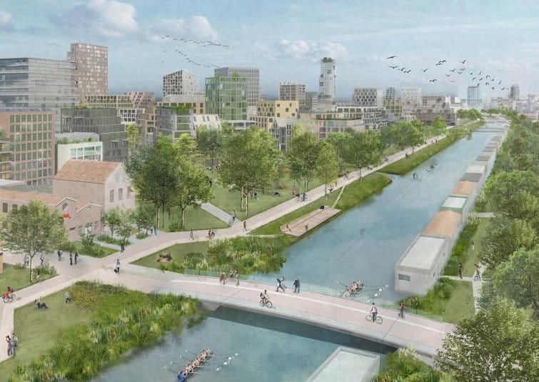 A  zona do canal Merwede era originalmente um parque empresarial, mas será transformada nos próximos anos. Imagem: Marco Broekman and Okra.