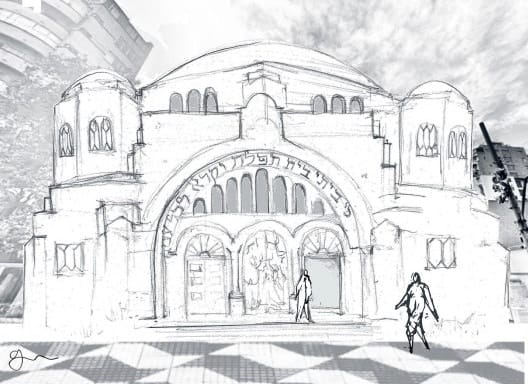 Desenho e colagem digital da fachada do Templo Beth El. Imagem: Gabriel Neistein Lowczyk.
